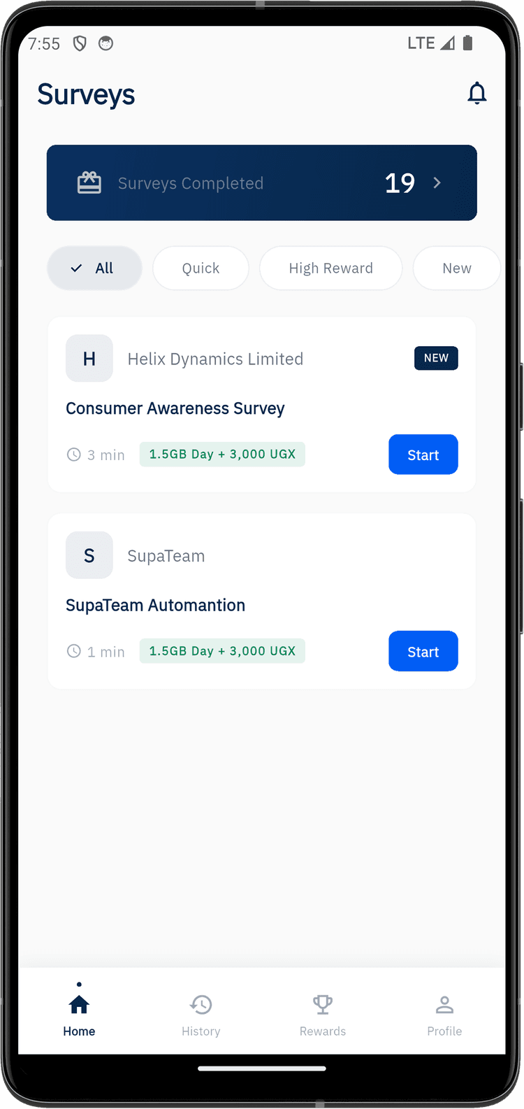 Survey feed showing available surveys with rewards